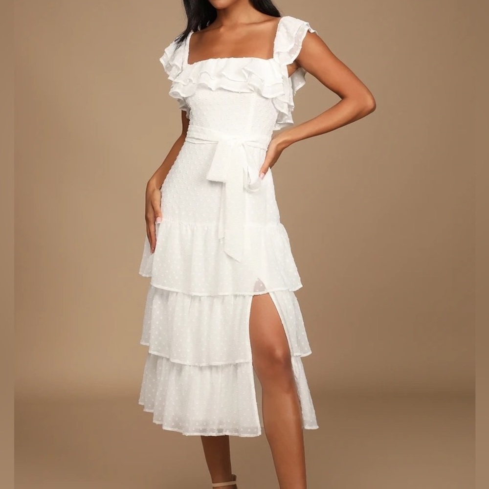Lulu’s Dear To My Heart White Swiss Dot Tiered Ruffled Midi Dress, Size XL
